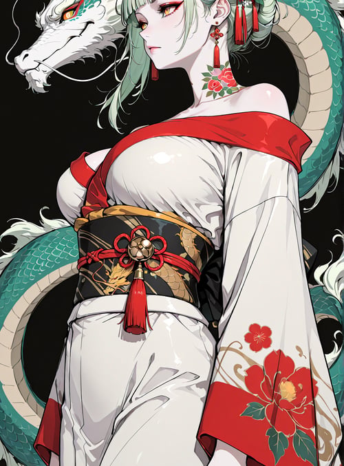 woman, dragon, kimono, flower, hair