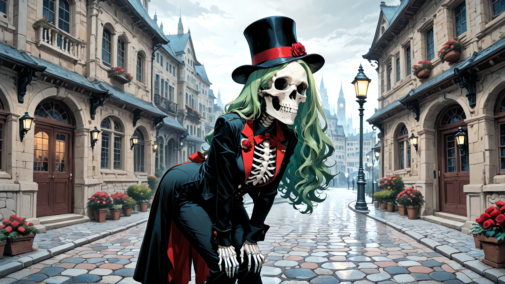 AI generated wallpaper featuring skull, skeleton, top hat, green hair, coat, rose, street, buildings, lantern, flowers