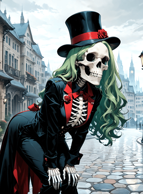 skull, skeleton, top hat, green hair, coat, rose, street, buildings, lantern, flowers
