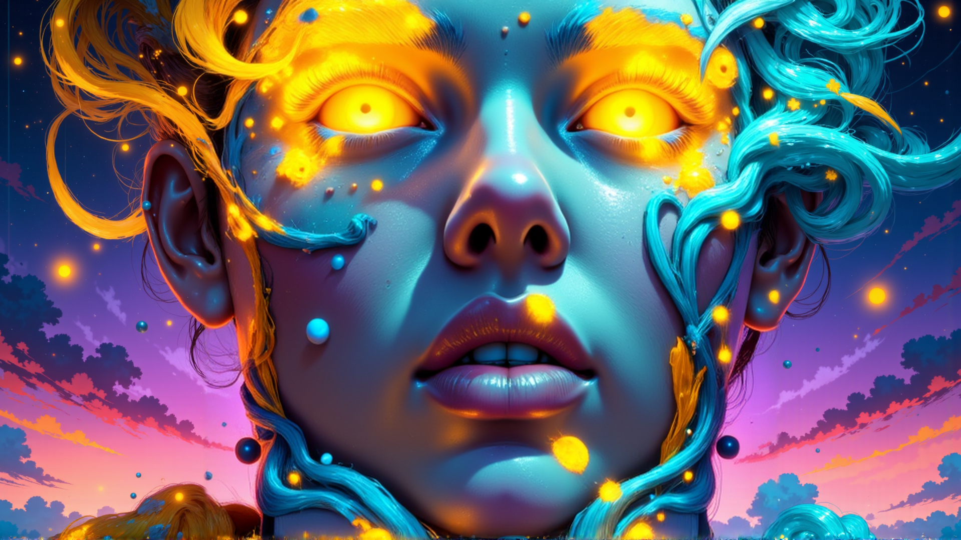 AI generated wallpaper featuring face, hair, stars, sunset, dots
