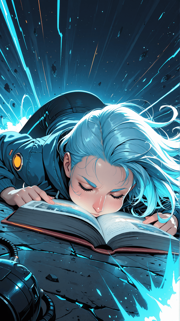 AI generated wallpaper featuring woman, book, space, astronaut, rock, robot