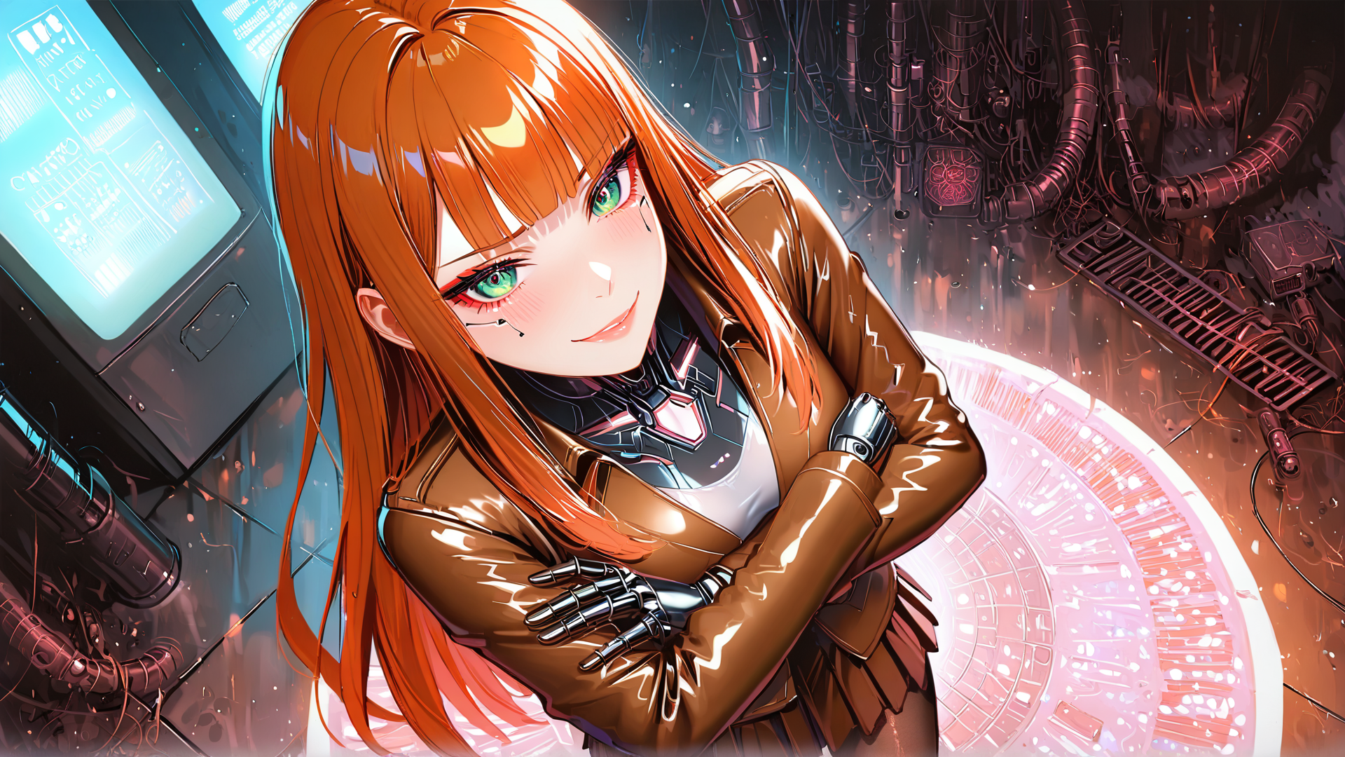 AI generated wallpaper featuring cyborg, woman, robot, glove, screen, circuit