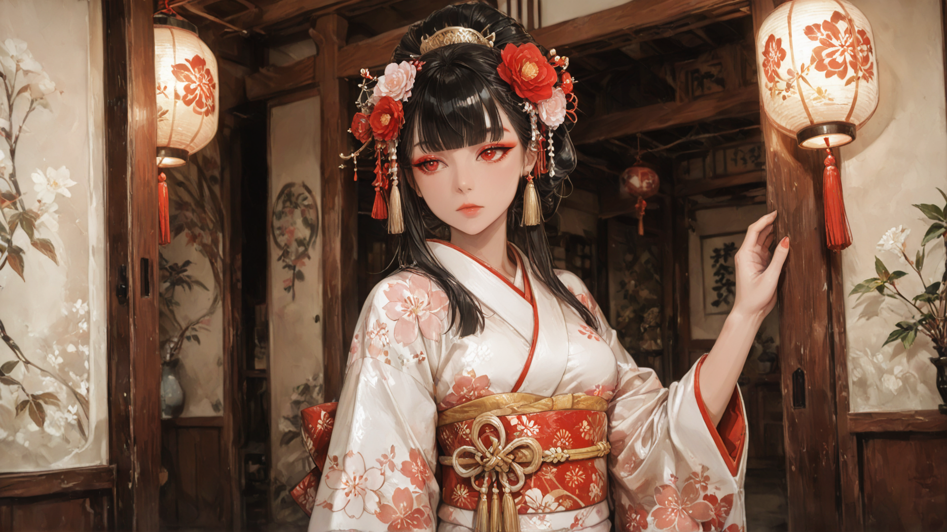 AI generated wallpaper featuring woman, geisha, hanbok, lantern, door, flower, kimono, headdress, painting, wall