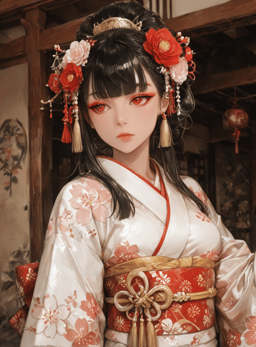woman, geisha, hanbok, lantern, door, flower, kimono, headdress, painting, wall