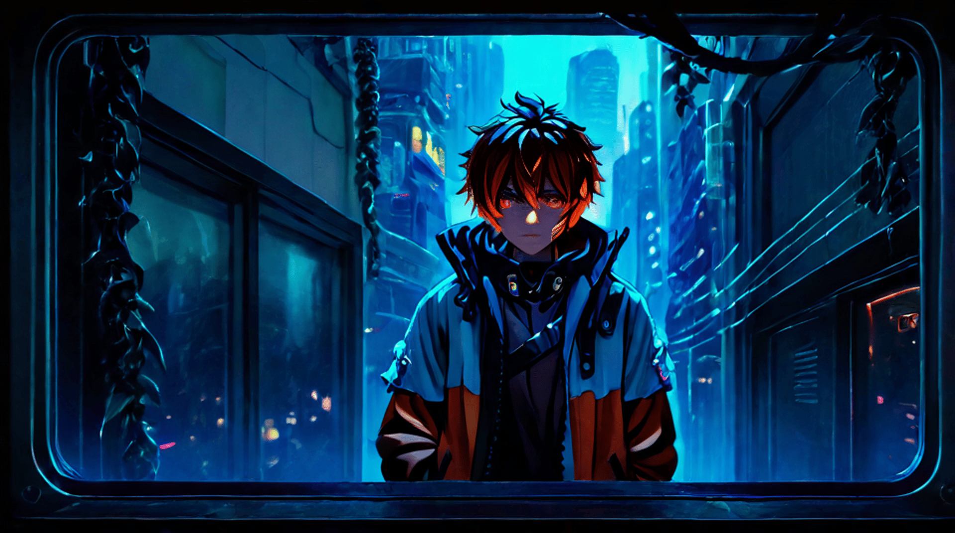 AI generated wallpaper featuring anime character, cityscape, window
