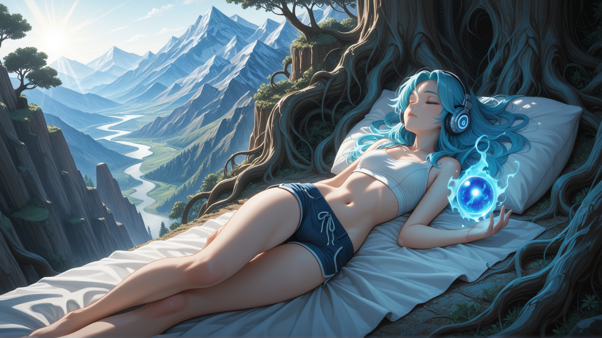 AI generated wallpaper featuring woman, tree, mountain, river, pillow, headphones, orb, sun, bed, sky