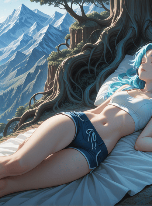 woman, tree, mountain, river, pillow, headphones, orb, sun, bed, sky