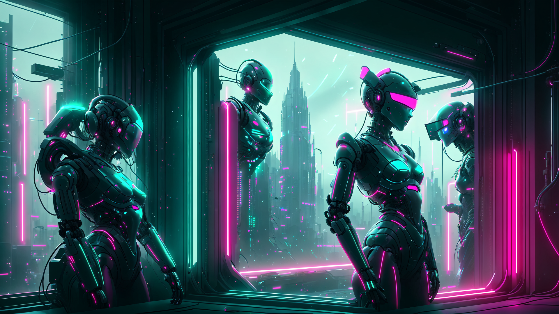 AI generated wallpaper featuring robots, cyberpunk, cityscape