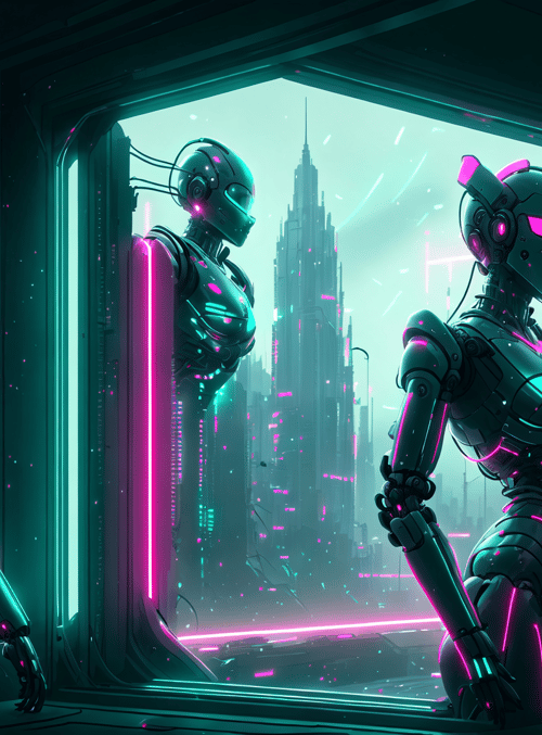 robots, cyberpunk, cityscape