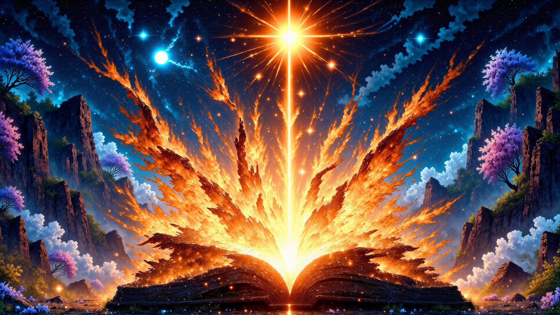 AI generated wallpaper featuring book, fire, mountain, tree, star, sky, cloud, flower, light, moon