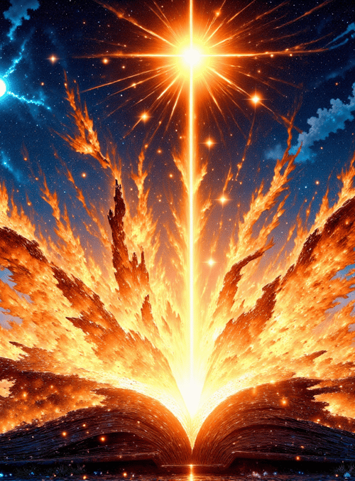 book, fire, mountain, tree, star, sky, cloud, flower, light, moon