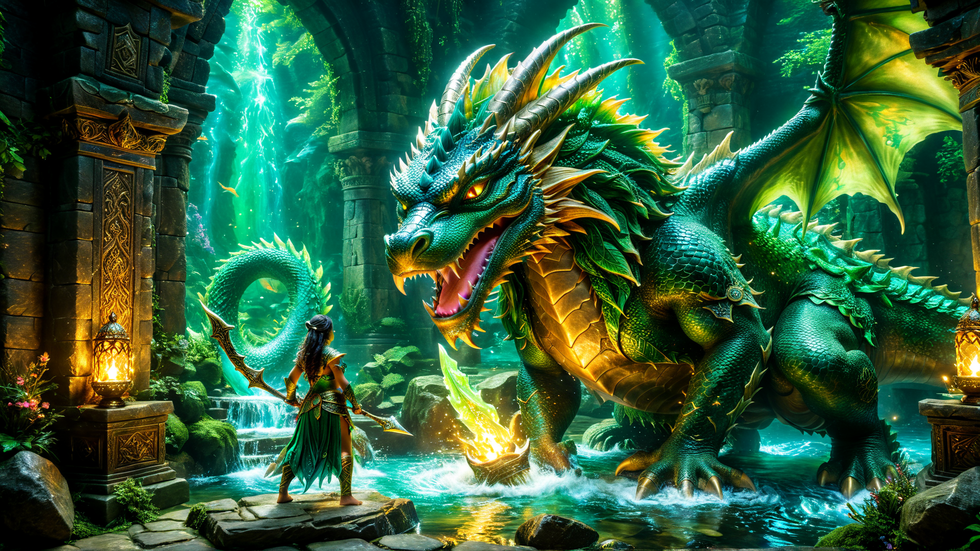 AI generated wallpaper featuring dragon, warrior, ancient ruins, waterfall, luminary, wings, armor, sword, archway, garden