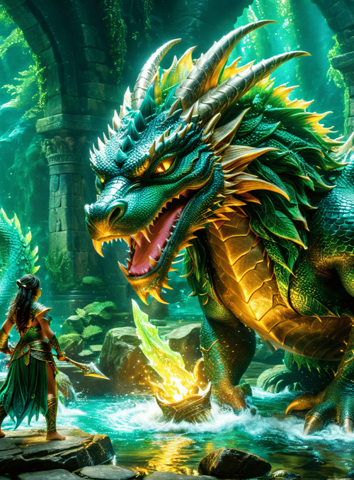 dragon, warrior, ancient ruins, waterfall, luminary, wings, armor, sword, archway, garden