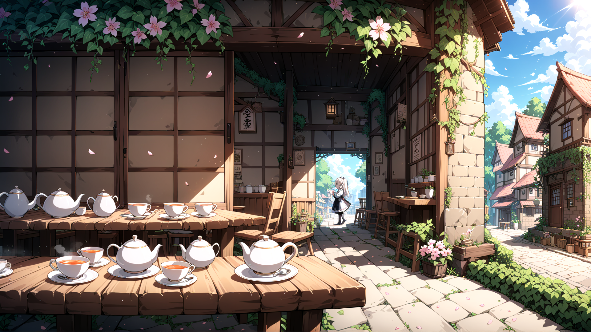 AI generated wallpaper featuring teahouse, maid, tea