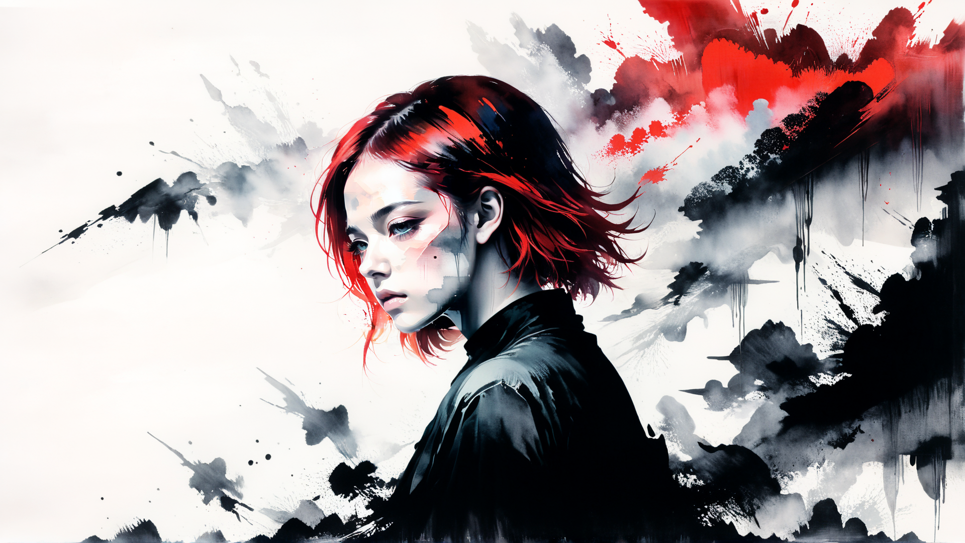 AI generated wallpaper featuring woman, red hair, ink, splatter, ink wash