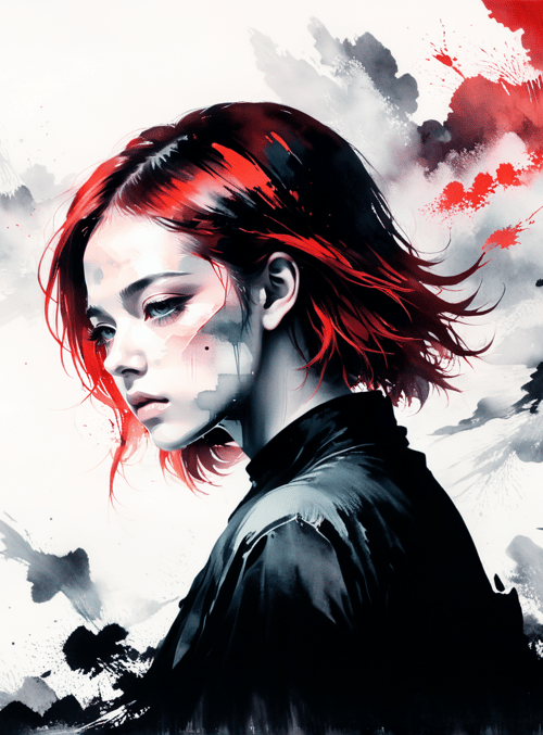 woman, red hair, ink, splatter, ink wash