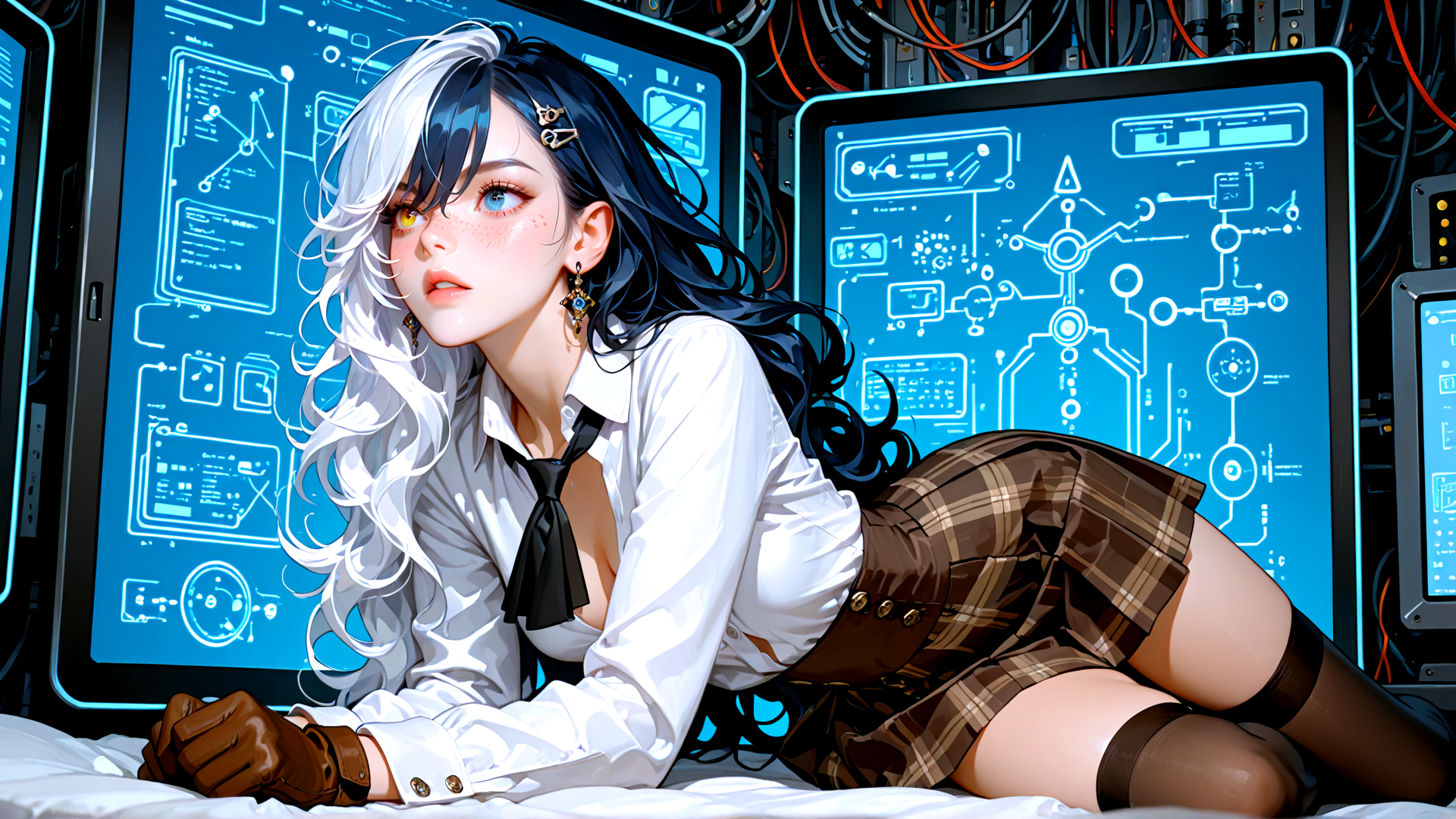 AI generated wallpaper featuring woman, gamer, cyberpunk, gloves, monitor, skirt, tie, earrings, hair, screen