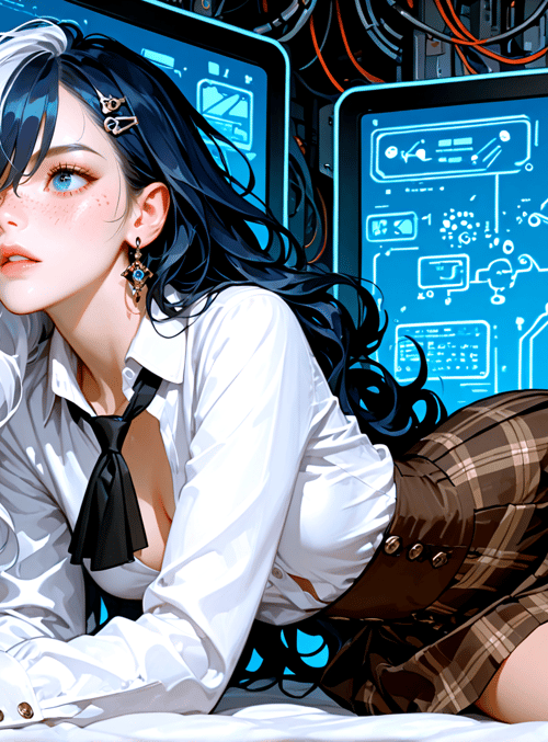 woman, gamer, cyberpunk, gloves, monitor, skirt, tie, earrings, hair, screen