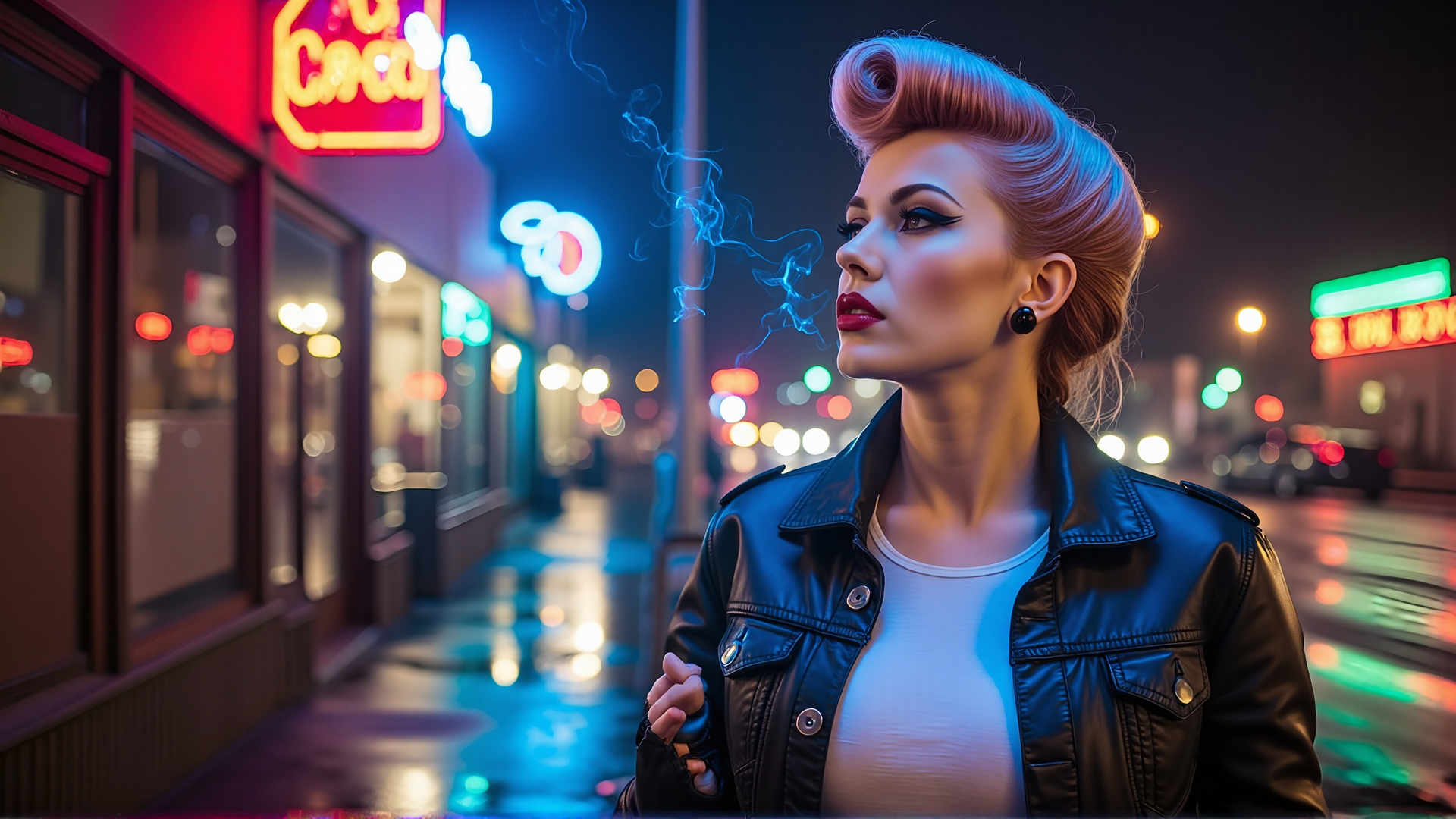 AI generated wallpaper featuring woman, neon, street, smoke, jacket, signs