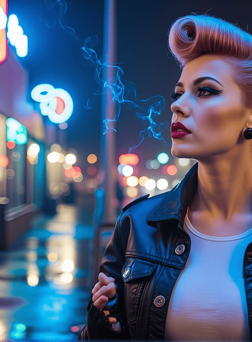 woman, neon, street, smoke, jacket, signs