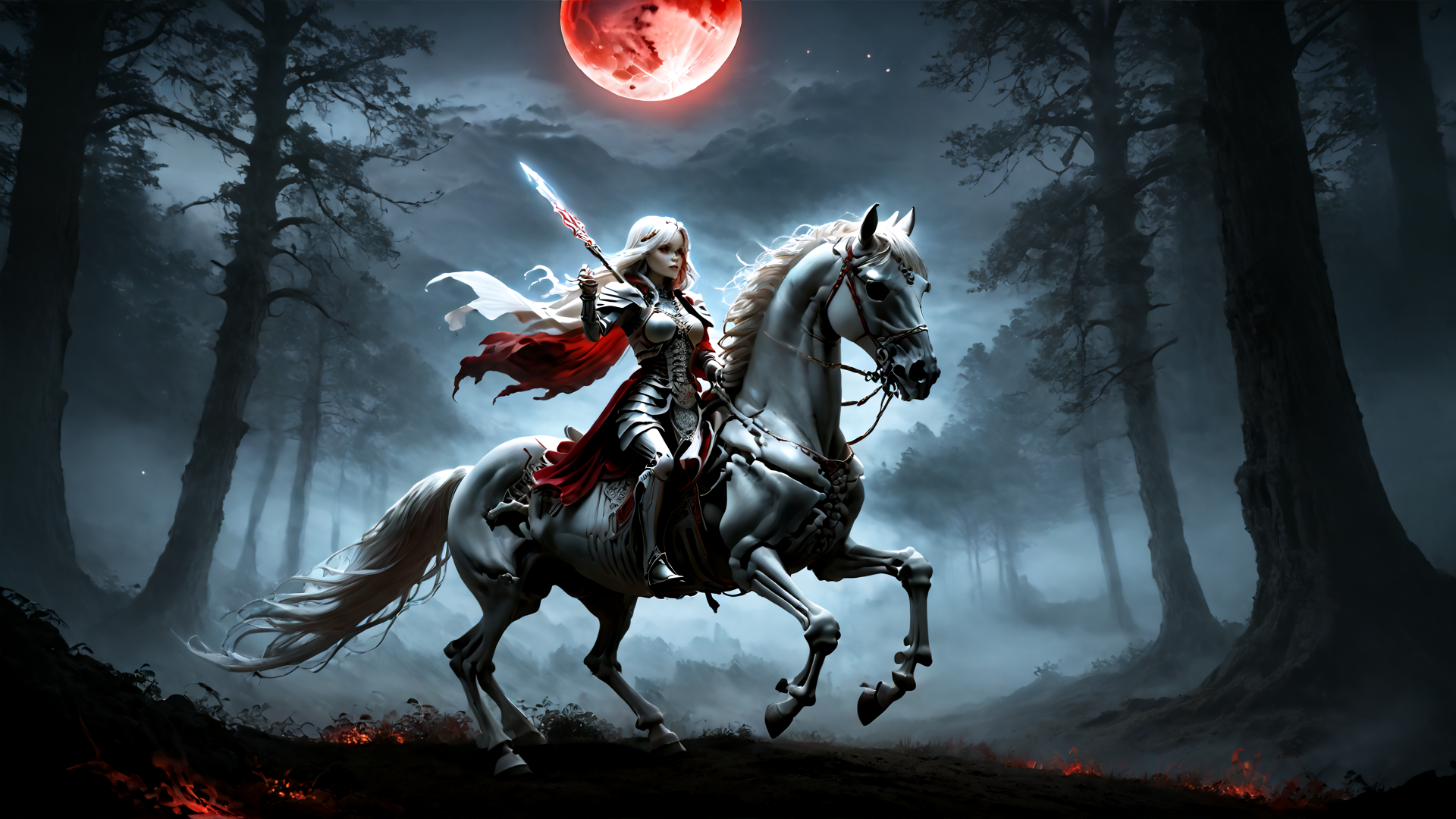 AI generated wallpaper featuring knight, horse, saber, forest, red moon, armor