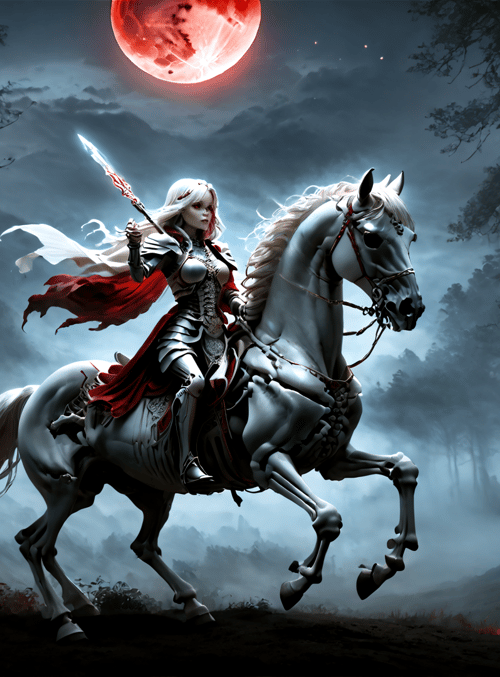 knight, horse, saber, forest, red moon, armor