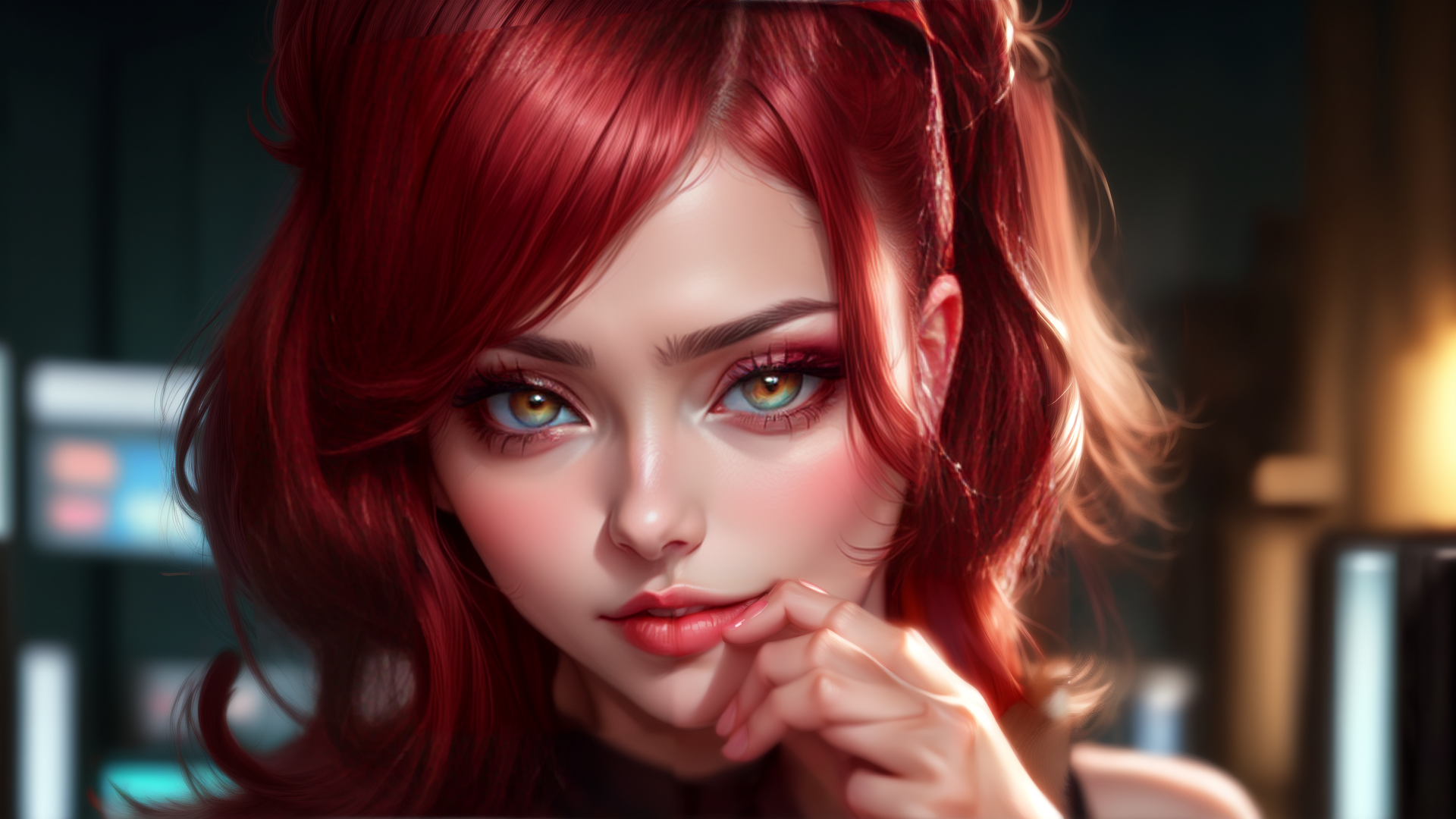 AI generated wallpaper featuring woman, hair, hand, face, eye