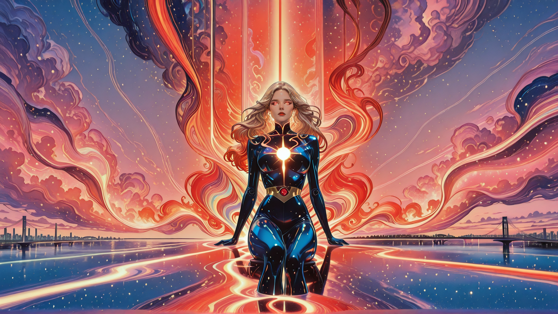 AI generated wallpaper featuring woman, superhero, cityscape, clouds, light