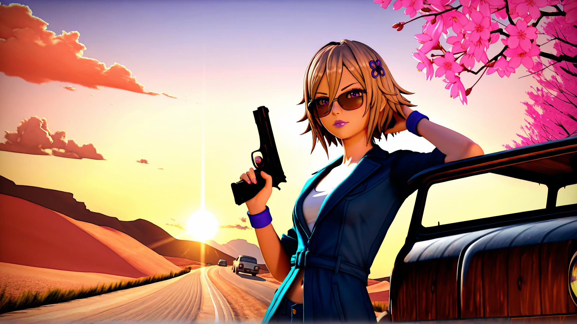 AI generated wallpaper featuring woman, gun, car, cherry blossom, sunset, desert road