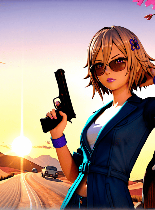 woman, gun, car, cherry blossom, sunset, desert road