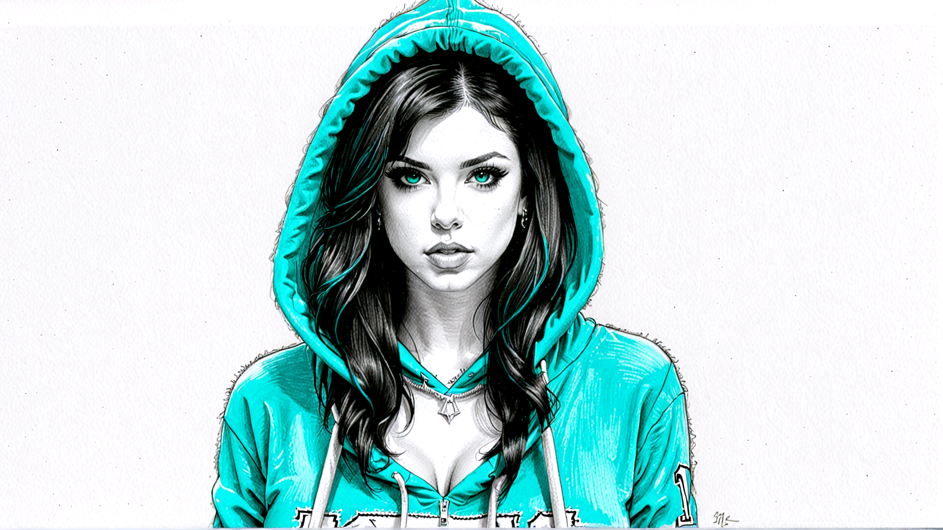 AI generated wallpaper featuring woman, hoodie, hair, necklace, ears