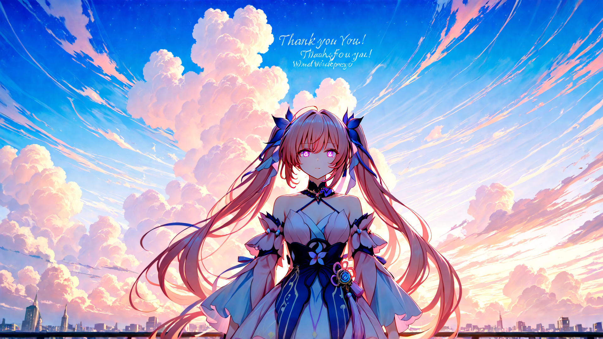 AI generated wallpaper featuring anime girl, cityscape, clouds