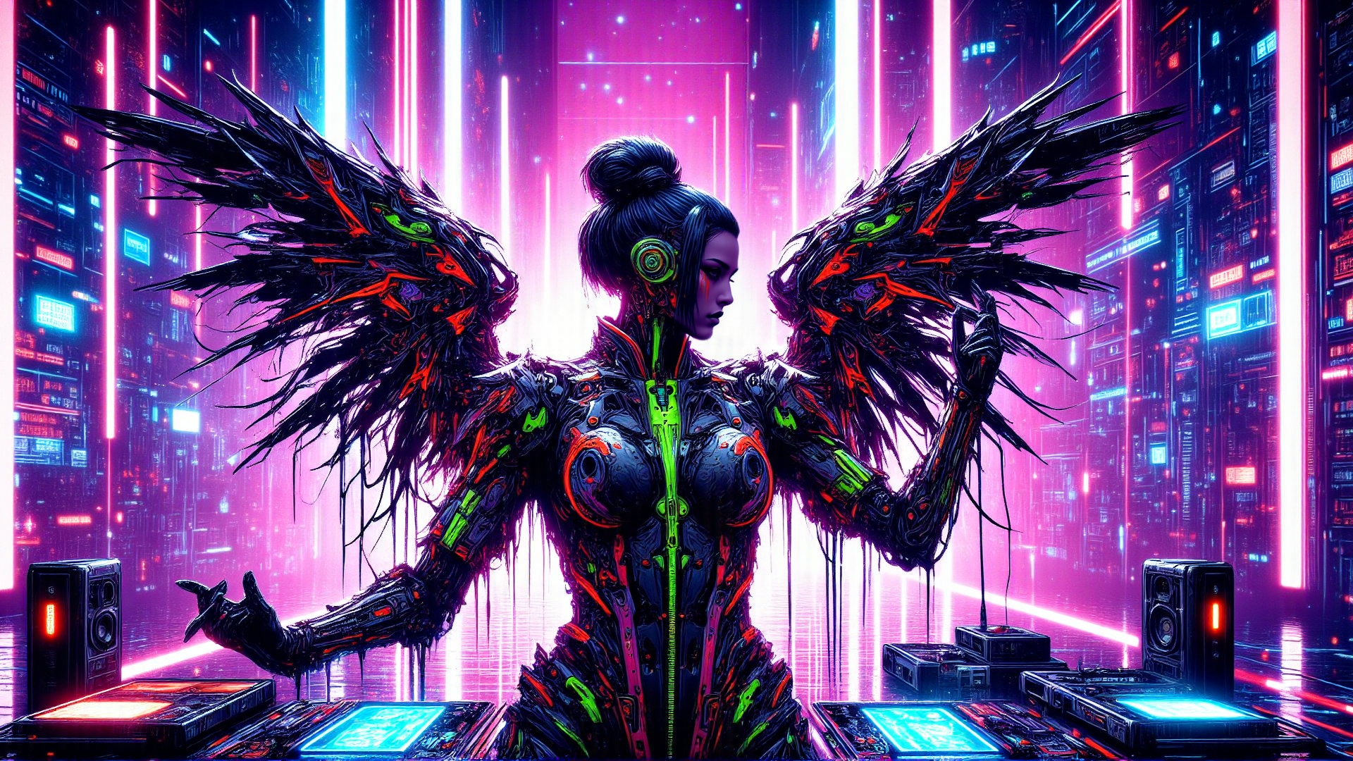 AI generated wallpaper featuring cyborg, wings, dj
