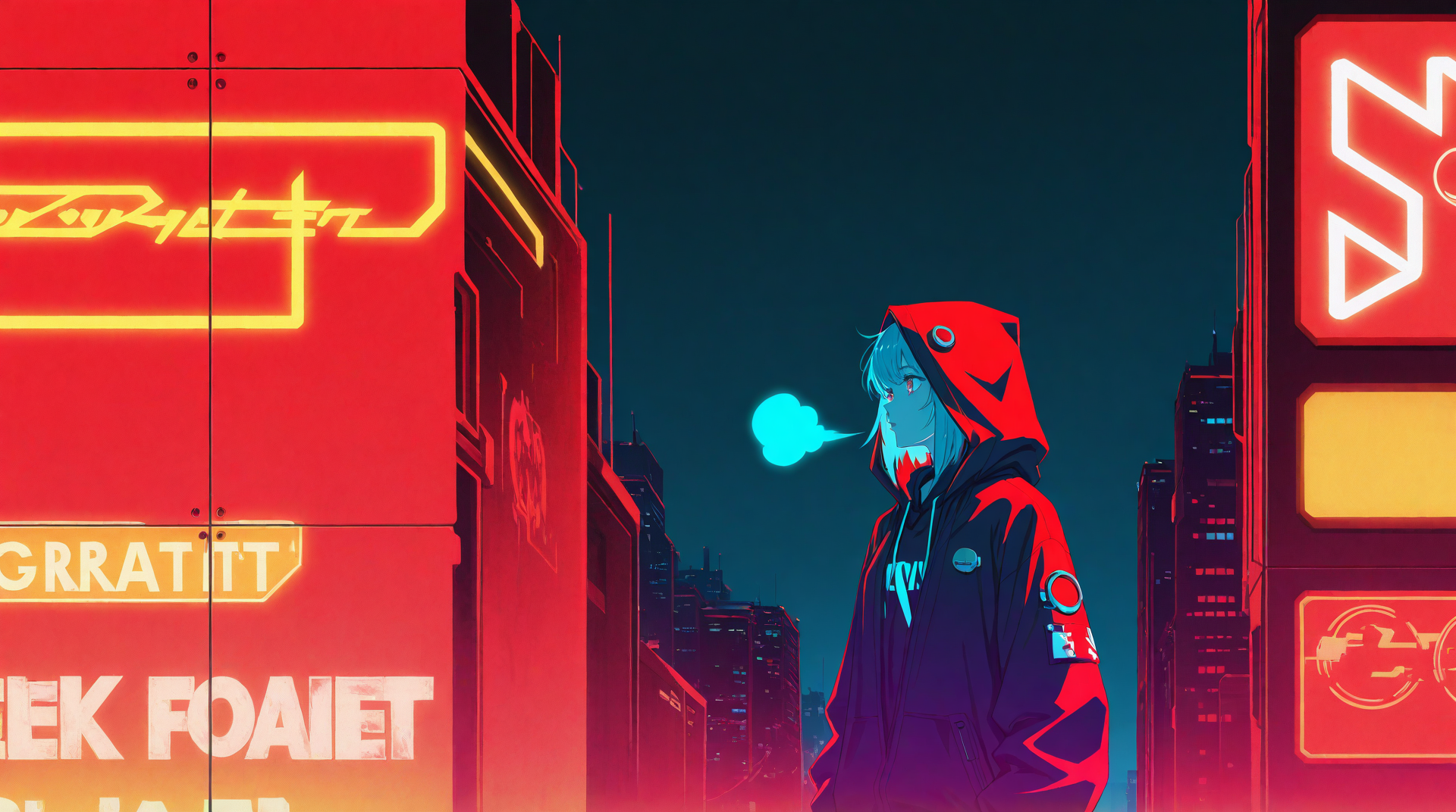 AI generated wallpaper featuring anime character, neon city