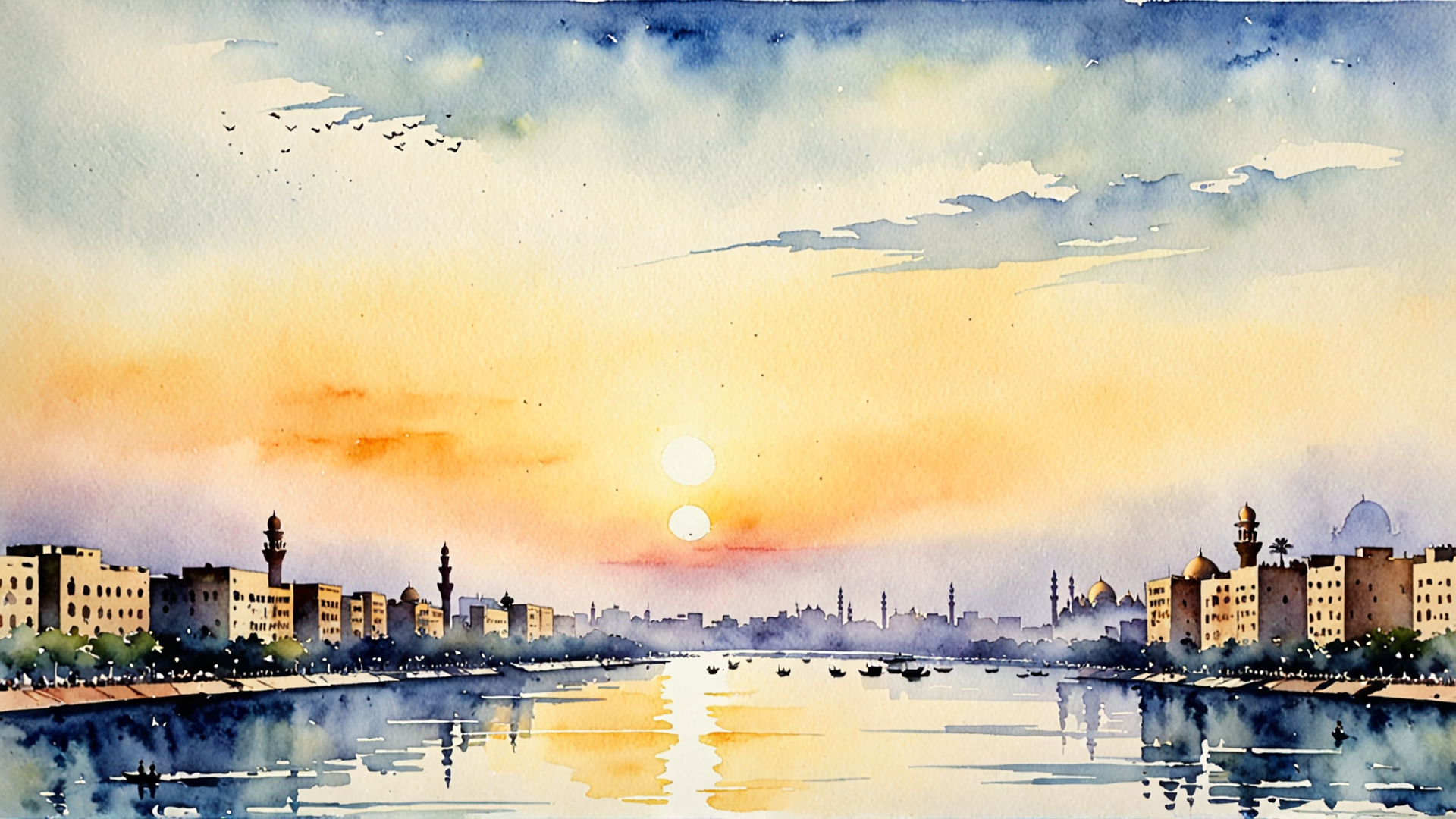 AI generated wallpaper featuring cityscape, river, sunrise, buildings, minarets, boats, trees, sky, clouds, birds