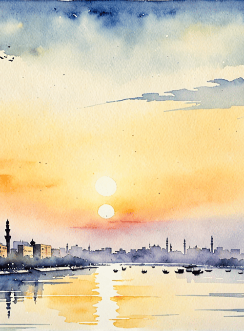 cityscape, river, sunrise, buildings, minarets, boats, trees, sky, clouds, birds