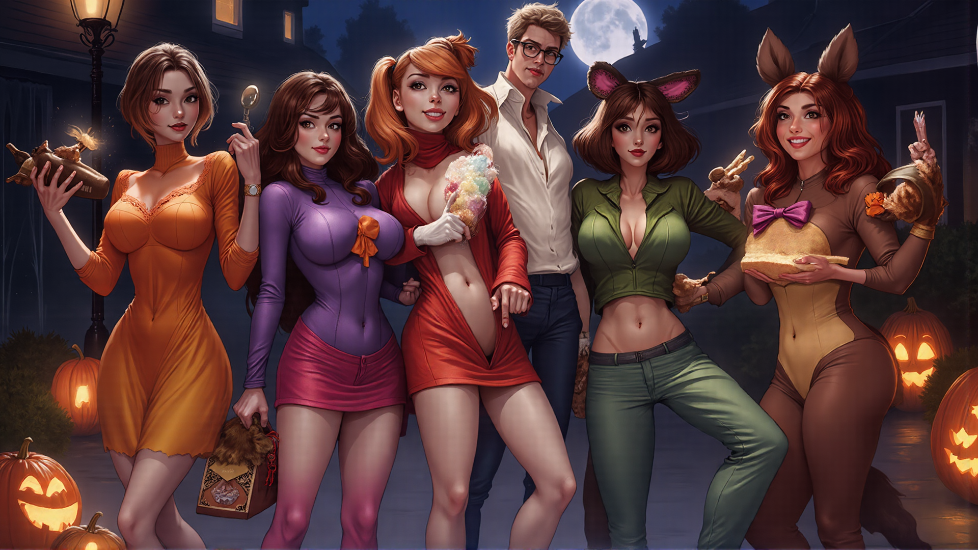 AI generated wallpaper featuring women, men, pumpkins, costumes, candy, lamps, moon, halloween, animals, bunnies