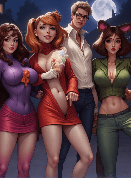 women, men, pumpkins, costumes, candy, lamps, moon, halloween, animals, bunnies