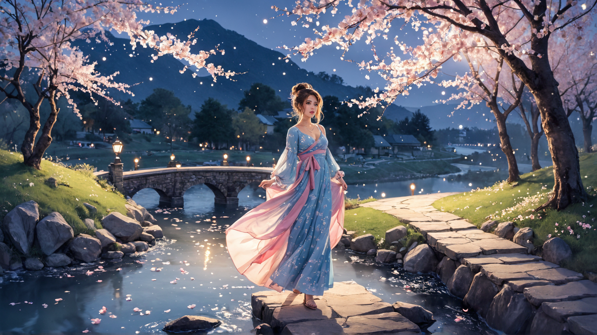 AI generated wallpaper featuring woman, cherry blossoms, bridge