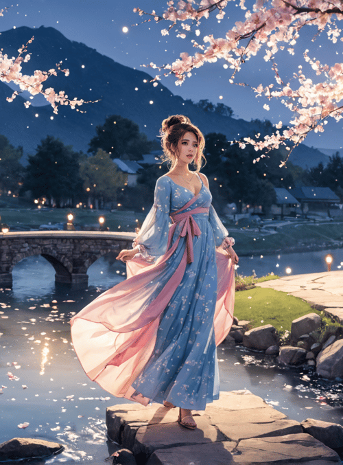 woman, cherry blossoms, bridge