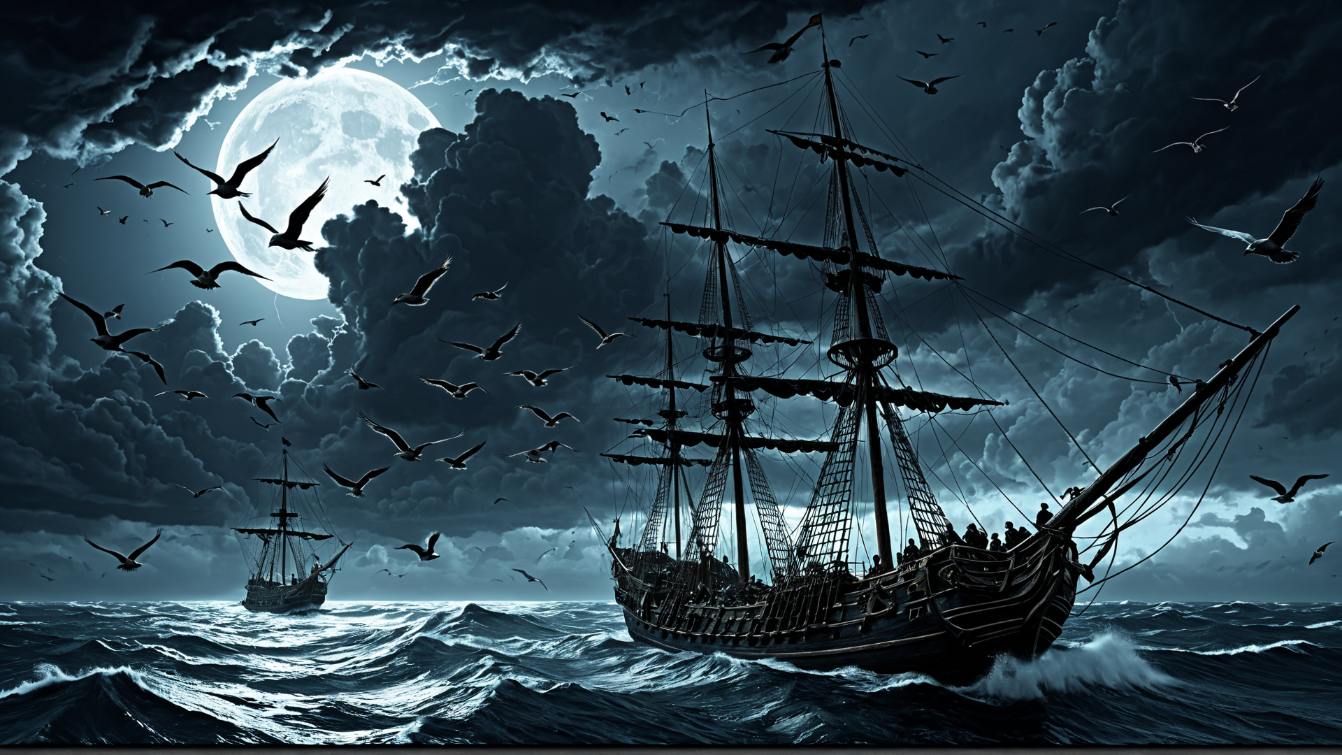 AI generated wallpaper featuring ship, seagulls, moon