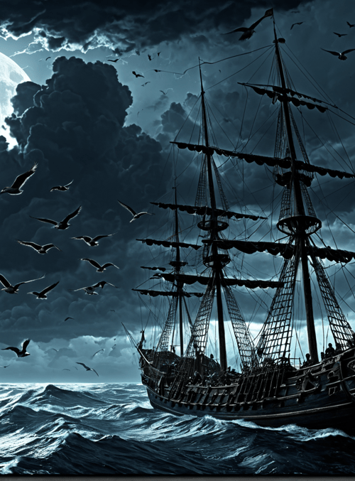 ship, seagulls, moon