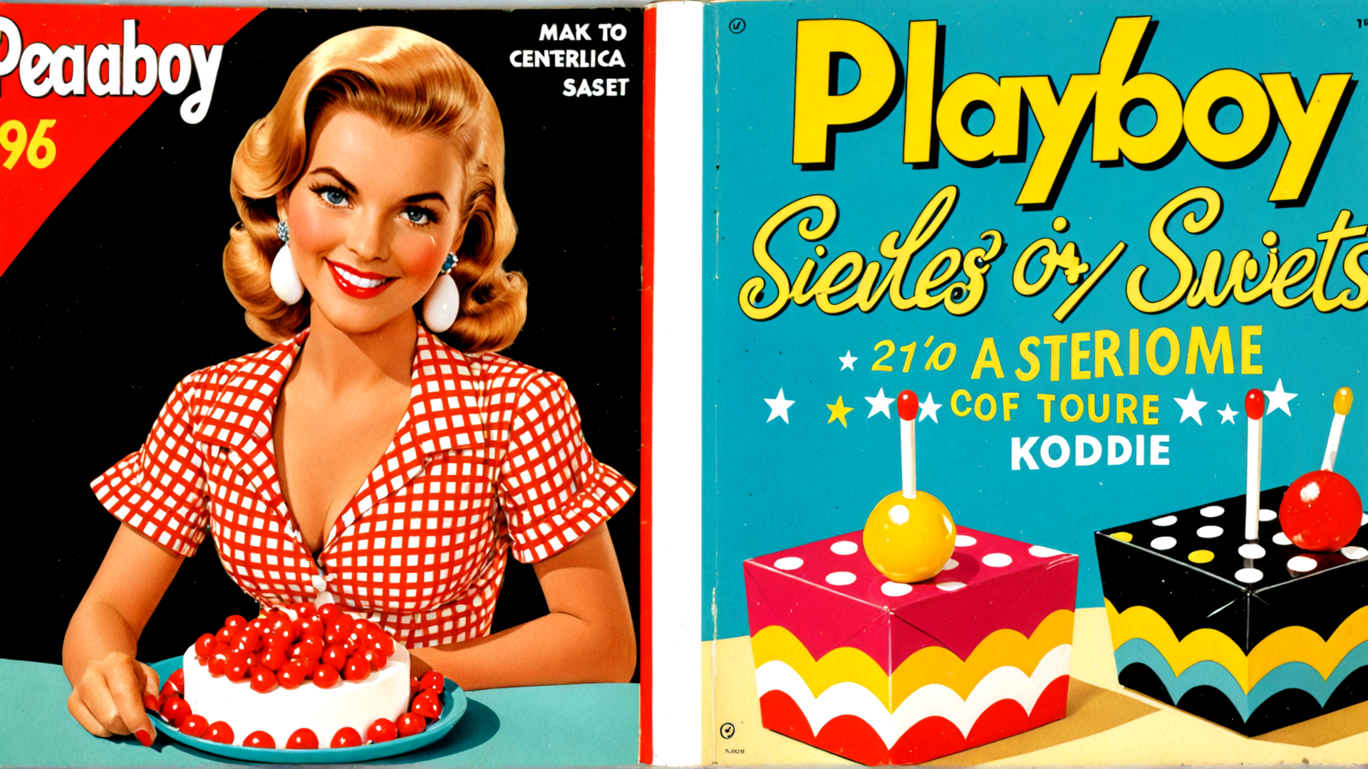 AI generated wallpaper featuring woman, cake, playboy, cherry, box, lollipop, dress