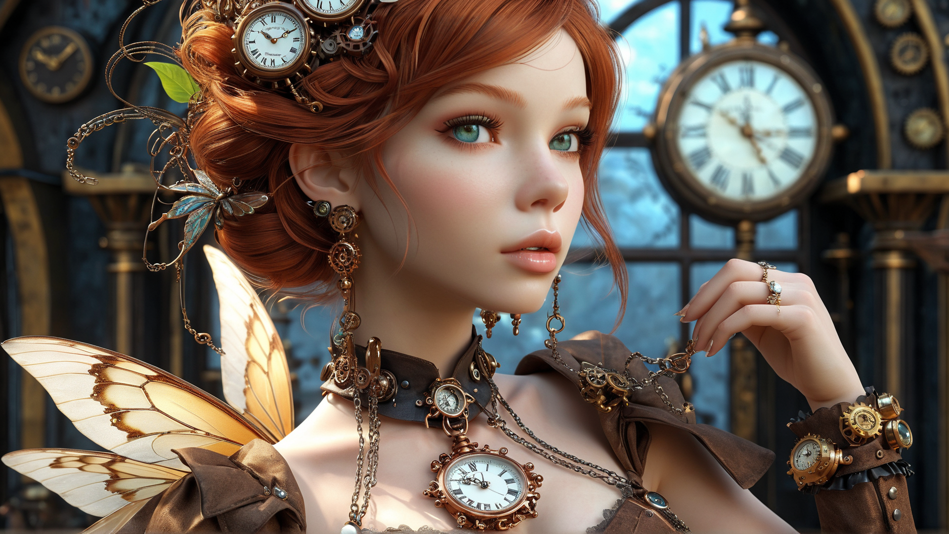 AI generated wallpaper featuring fairy, clock, gears, wings, earrings, choker, watch, trophies, clockwork, clock face
