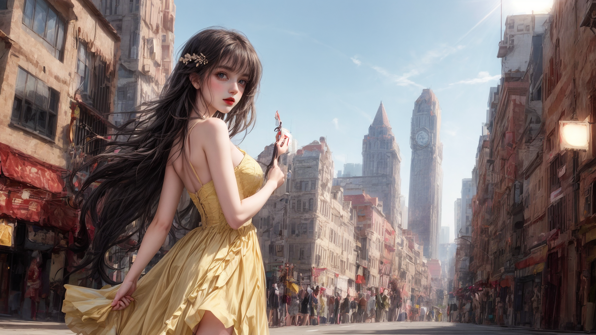 AI generated wallpaper featuring woman, dress, city