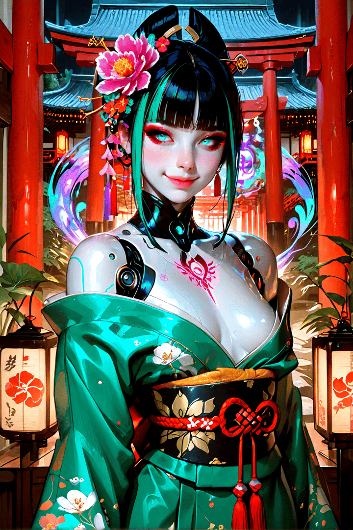 AI generated wallpaper featuring robot, geisha, chinese architecture, lantern, flower