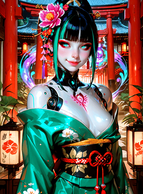 robot, geisha, chinese architecture, lantern, flower