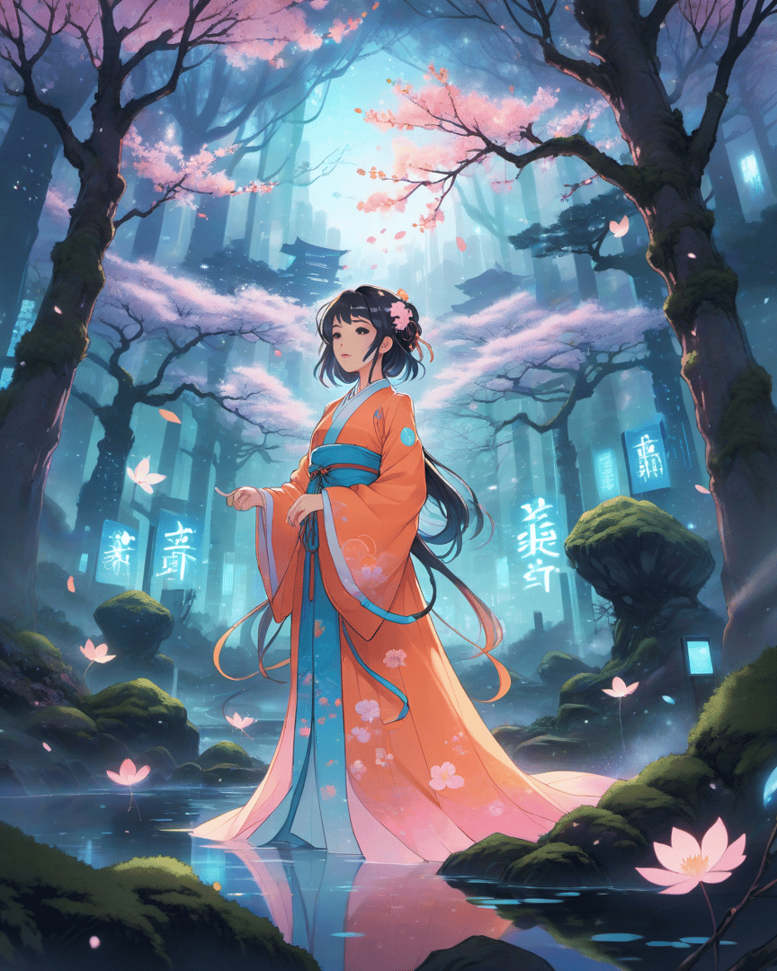 AI generated wallpaper featuring woman, cherry blossom, ancient city
