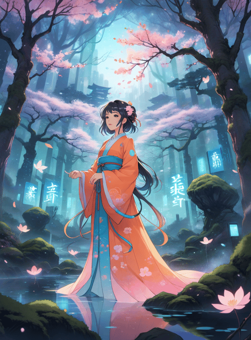 woman, cherry blossom, ancient city