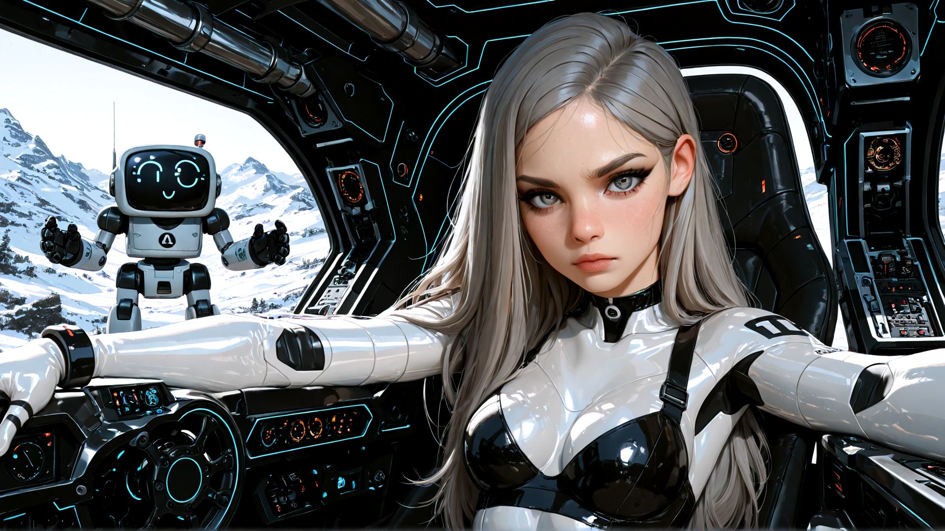 AI generated wallpaper featuring woman, robot, spaceship, cockpit, mountains, cyborg